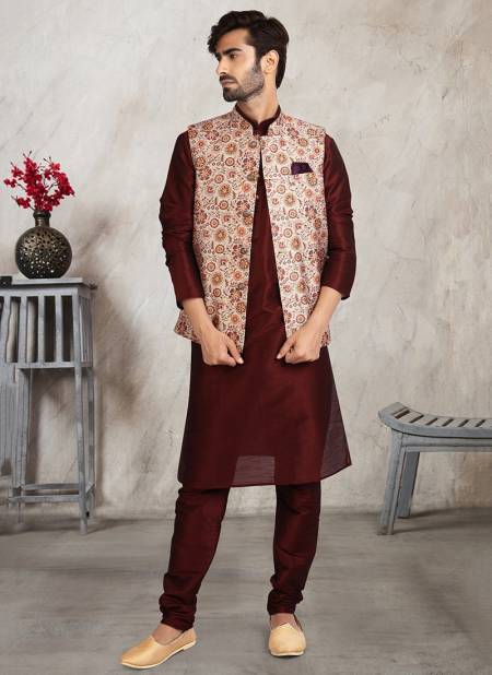 Cream Festive Wear Jacquard Banarasi Silk Kurta Pajama With Jacket Mens Collection 1208